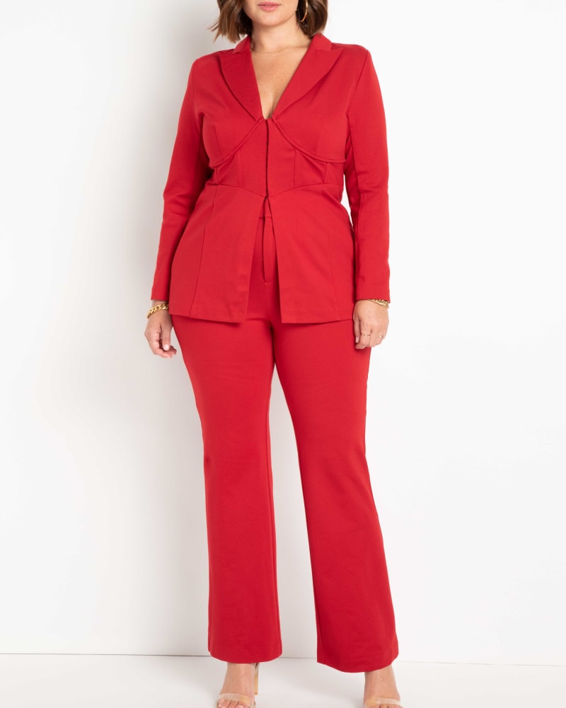 Front of a model wearing a size 14 Tory Flare Leg Trouser in Emboldened by ELOQUII. | dia_product_style_image_id:236713